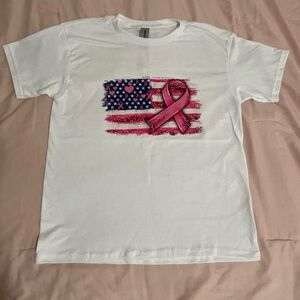 White T-Shirt with Pink Ribbon and Flag Design